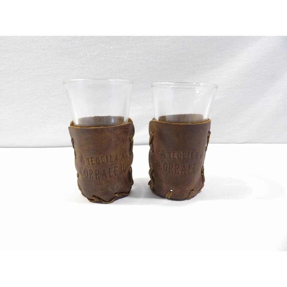 Corralejo Tequila Leather Stitched Shot Glasses, Set of 2 Tall Shooter Glasses